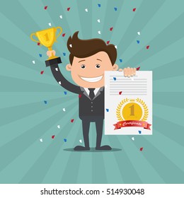 Business man holding up winning trophy and showing an award certificate - Vector illustration