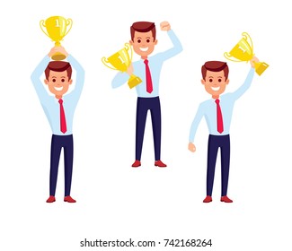 Business man holding up winning trophy. Set of businessman character in shirt standing up straight in various poses isolated on white background. Vector.
