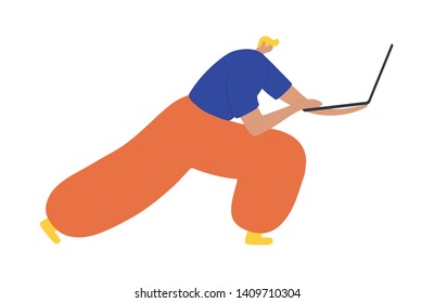 Business man  holding/showing/displaying laptop. Flat style modern vector illustration.