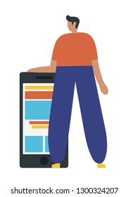 Business man  holding/showing/giving a mobile phone. Flat style modern vector illustration.