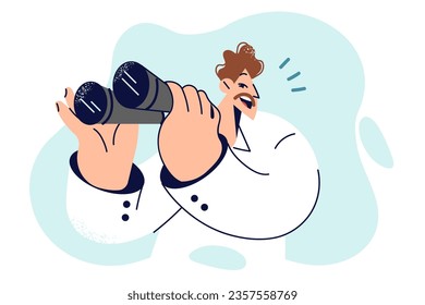 Business man holds binoculars and looks into distance, symbolizing long-term planning in management. Cheerful businessman using binoculars to keep eye on competitors or know about industry trends