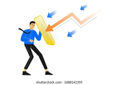 Business man holds golden shield covering from arrow. Insurance, protection from dangers. Preventing financial risks. Bankruptcy. Economic crisis. Vector illustration