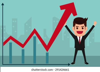 Business man holds in hand to raise the graph. Cartoon Vector Illustration.