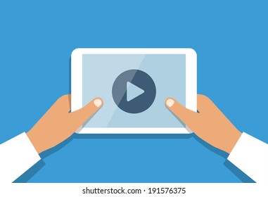Business man holds in hand white tablet pc with opened online media player and round button at center of screen. Mobile technology concept vector illustration in flat style