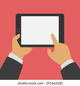Business man holds and manages Tablet with blank screen in hands. Using digital tablet pc. Vector illustration. EPS 10.