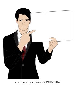 business man holds paper on white background