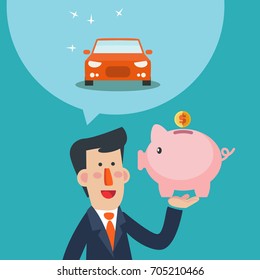 Business man holds piggy bank in his hand and dreams about a car. Saving and investing money concept. Future financial planning concept. Modern vector design flat style