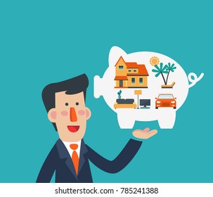 Business Man Holds Piggy Bank In His Hand And Dreams About House, Car And Holiday. Saving And Investing Money Concept. Future Financial Planning Concept