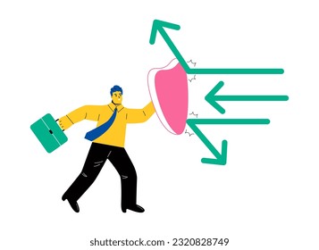 Business man holds a shield defending from attacks. Flat vector illustration isolated on white background
