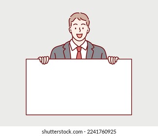 Business man holds the white sign. Hand drawn style vector design illustrations.