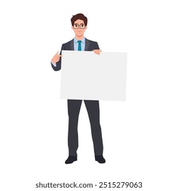 Business man holds the white sign and pointing it. Flat Vector character illustration