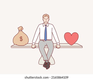 business man and huge scales with heart and Money . Balance between money and love.Hand drawn style vector design illustrations.