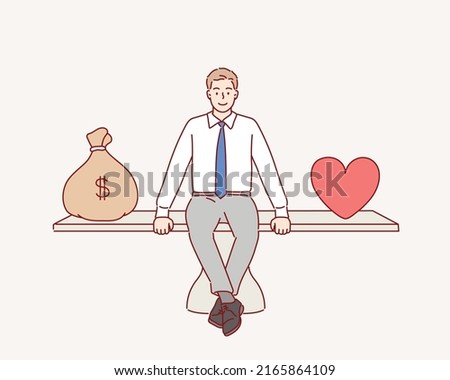 business man and huge scales with heart and Money . Balance between money and love.Hand drawn style vector design illustrations.