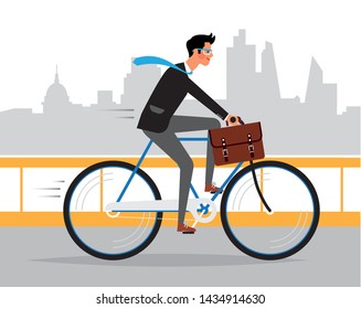 Business man hurrying up to work riding a bike. Cyclist in a big city. Vector illustration.