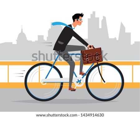 Business man hurrying up to work riding a bike. Cyclist in a big city. Vector illustration.