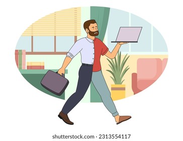 A business man at a hybrid work, in hybrid clothes, a formal suit and home clothes with a laptop in his hands against the backdrop of a working office and a homely cozy atmosphere. Vector