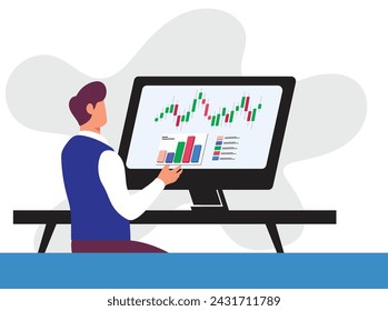 Icono de hombre de negocios pantalla de computadora gráficos de comercio decoración dibujo animado