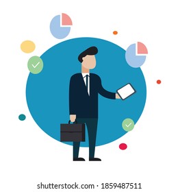 Business Man Icon Flat Vector Illustration Holding Hand Bag, Sucess Person, 