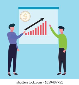 Business Man Icon Flat Vector Illustration, Meeting Discussing Increase Chart Market