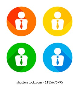business man icon. Flat white icon on colored circles background. Four different long shadows in each corners