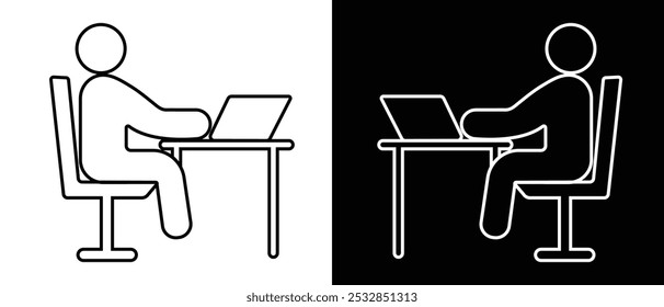 Business man icon,  Freelancer vector, icon. Office Working icon, vector, logo, app design for UI. Remote work line icon, vector design. Person working on laptop. Man sitting on a chair with laptop.