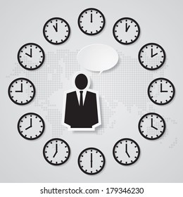 business man icon with speech bubble on 12 hours clock background. business concept.vector.