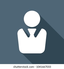 business man icon. White flat icon with long shadow on background