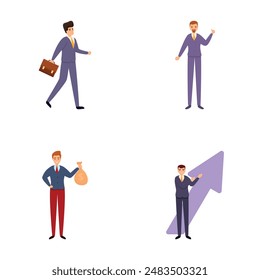 Business man icons set cartoon vector. Various male manager in formal suit. Male office worker