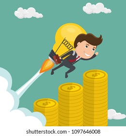 Business man with an idea , Businessman on a moving light bulb idea rocket - vector illustration