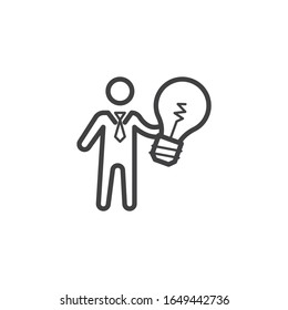 Business man with idea lamp line icon. linear style sign for mobile concept and web design. Businessman with light bulb outline vector icon. Symbol, logo illustration. Vector graphics
