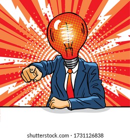 Business man with idea light bulb head concept. An angry man in a business suit sits at a table and points a finger. Bad idea