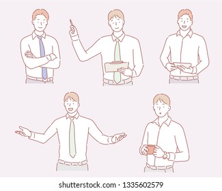 Business man illustration in different emotions and poses. Hand drawn style vector design illustrations.