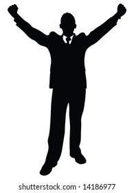 business man illustration silhouette with his arms up enjoying his success isolated over a white background