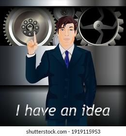 Business man Infographics design idea,  gear concept vector illustration. Smart management work in company, business strategy. Metall background. Web design, banner template, infographic, landing page