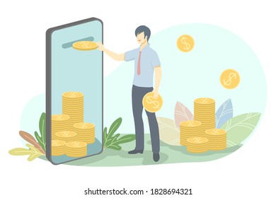Business man insert the dollar coin in to smartphone.Concept save money,flat style design.Vector illustration about financial.
