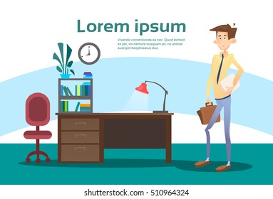 Business Man Interior Workplace, Businessman Manager Office Worker Flat Vector Illustration