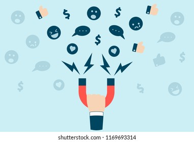 Business man or internet marketer hand holding horseshoe magnet attract engagement reaction, like, love, shock, sad, laugh, comment and money