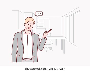 The business man is introducing the office. Hand drawn style vector design illustrations.	