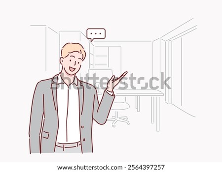 The business man is introducing the office. Hand drawn style vector design illustrations.	