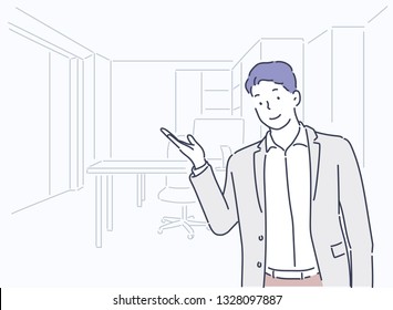 The business man is introducing the office.Hand drawn style vector design illustrations.