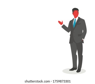 Hombre de negocios invitando. Vestido con traje de oficina. Ilustración vectorial plana con tono serio y formal.