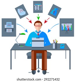 Business man isolated sitting at a table front of a laptop and a lamp. Around him, the icons on the business theme for design, fax, laptop, lamp, table. Vector Illustration