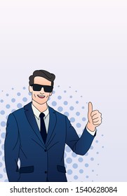 A business man in a jacket shows that everything is fine. Representative. Office worker.