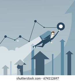 Business Man With Jet Pack Over Finance Graph Arrows Up Project Successful Startup Concept Flat Vector Illustration