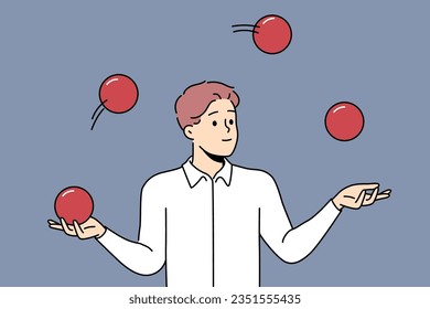 Business man juggles balls to demonstrate multitasking skills and ability to maintain balance. Guy juggles demonstrating interesting and amazing trick from repertoire of circus artists