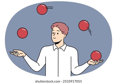 Business man juggles balls to demonstrate multitasking skills and ability to maintain balance. Guy juggles demonstrating interesting and amazing trick from repertoire of circus artists