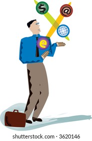 Business man juggles ecommerce and internet balls in this conceptual vector illustration.
