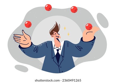 Business man juggles tossing red balls as metaphor for multitasking and professional skills. Professional guy jangler in formal wear with smile shows trick to surprise colleagues or manager