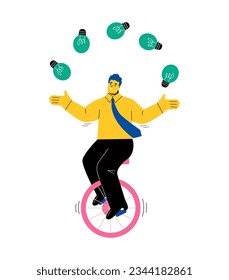 Business man juggling the light bulb on unicycle. Business idea concept. Flat vector illustration isolated on white background
