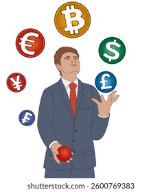 business man juggling multiple currency coins isolated on a white background